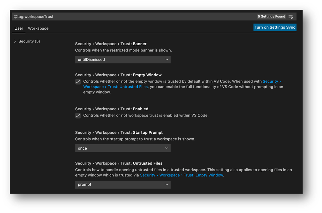 Workspace Trust settings via @tag:workspaceTrust