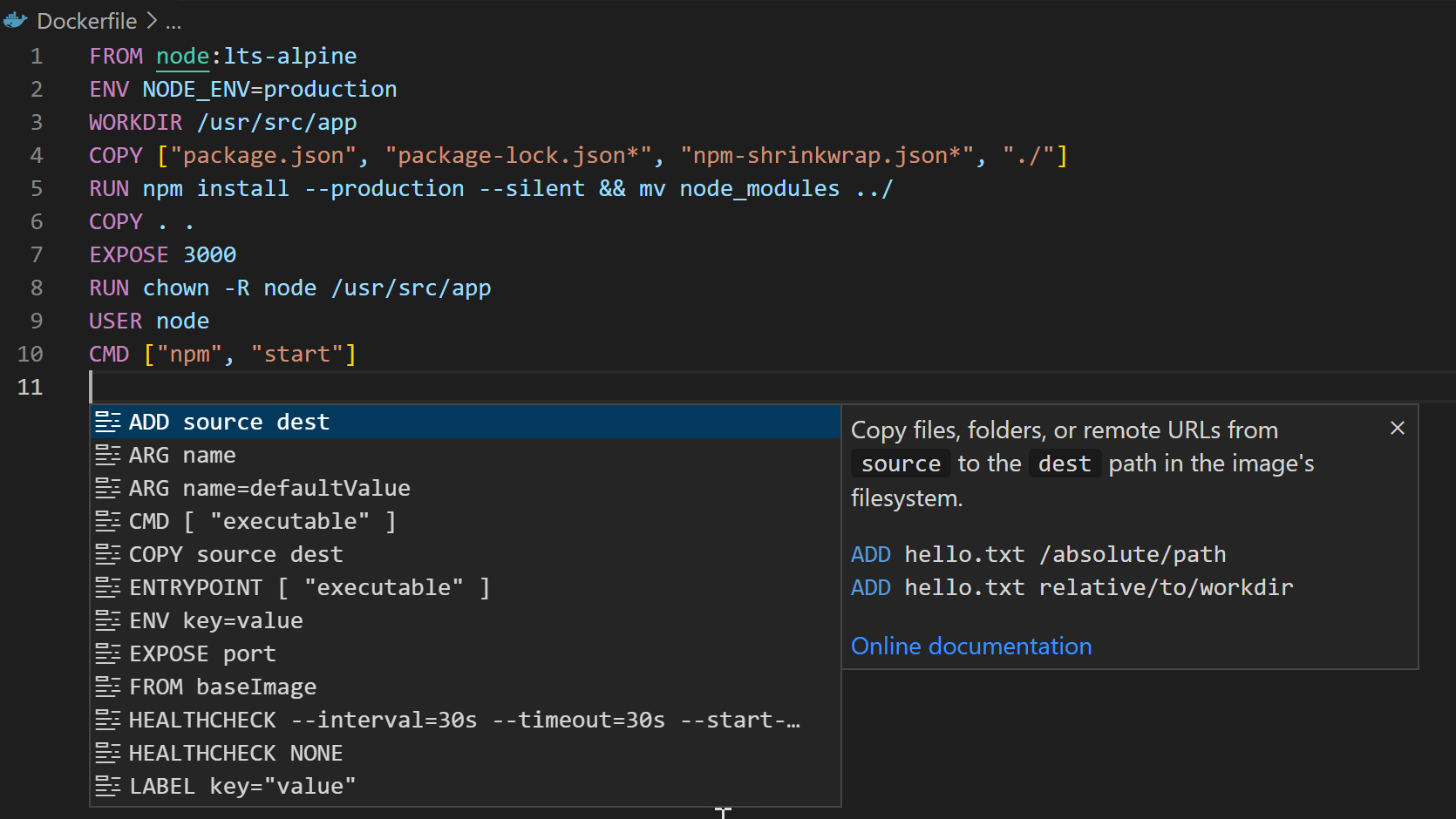 IntelliSense for Dockerfiles