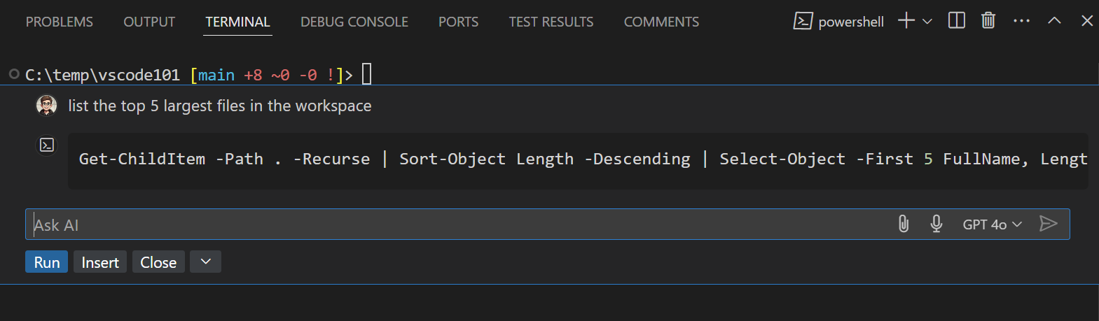 Screenshot showing that you can ask complex questions like "list the top 5 largest files in the src dir"