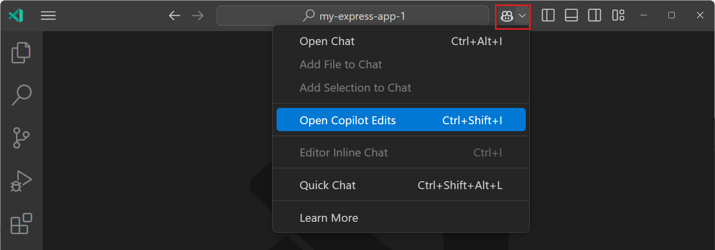 Screenshot showing the Copilot menu in VS Code title bar, highlighting the Open Edit Session item.