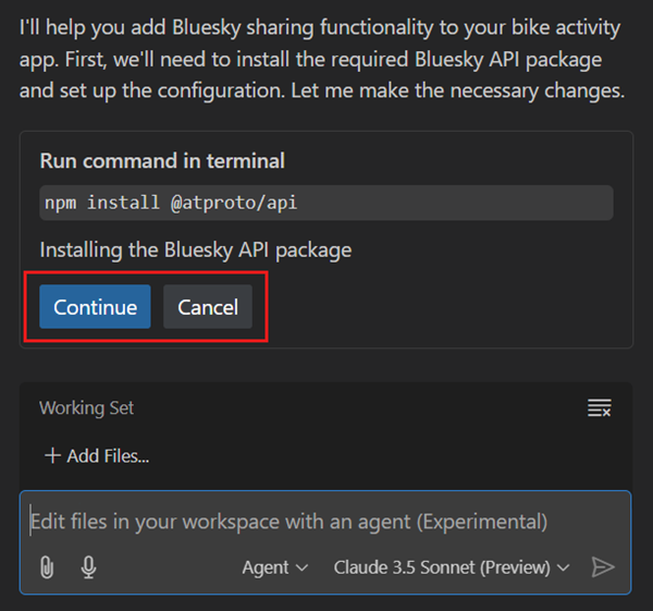 Screenshot showing the Copilot Edits view, highlighting the terminal command that Copilot wants to run.