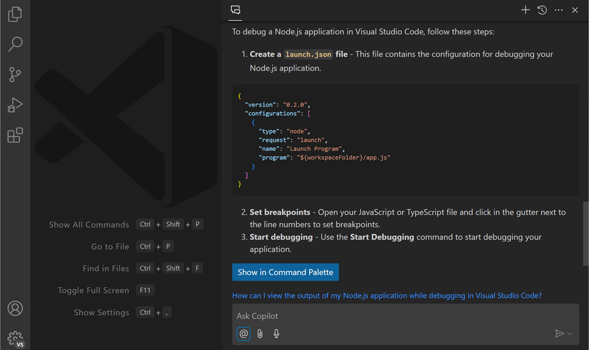Screenshot of VS Code Copilot Chat view, showing results and a button to open the Command Palette in VS Code.