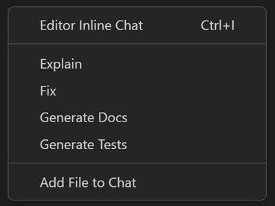 Screenshot of VS Code Copilot smart action context menu.