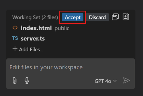 Screenshot of the Copilot Edits view, highlighting the Accept button to apply the changes.