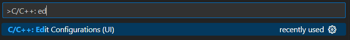 Command Palette filtered on C/C++ Edit Configurations command