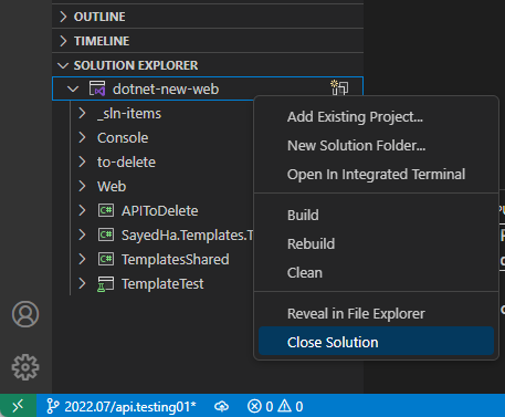 Close solution context menu