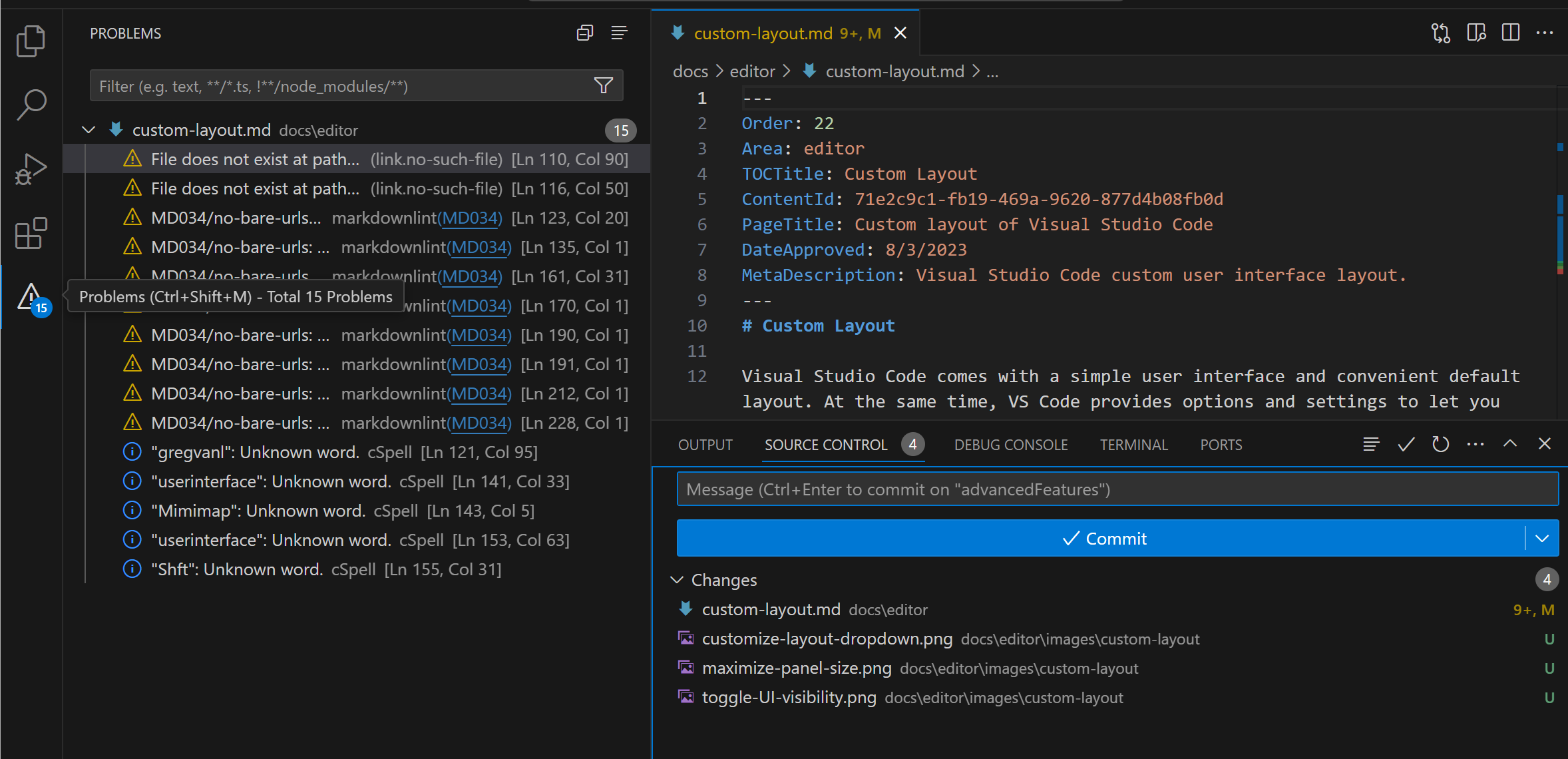 The Source Control view in the Panel region and Problem panel in the Primary Side bar