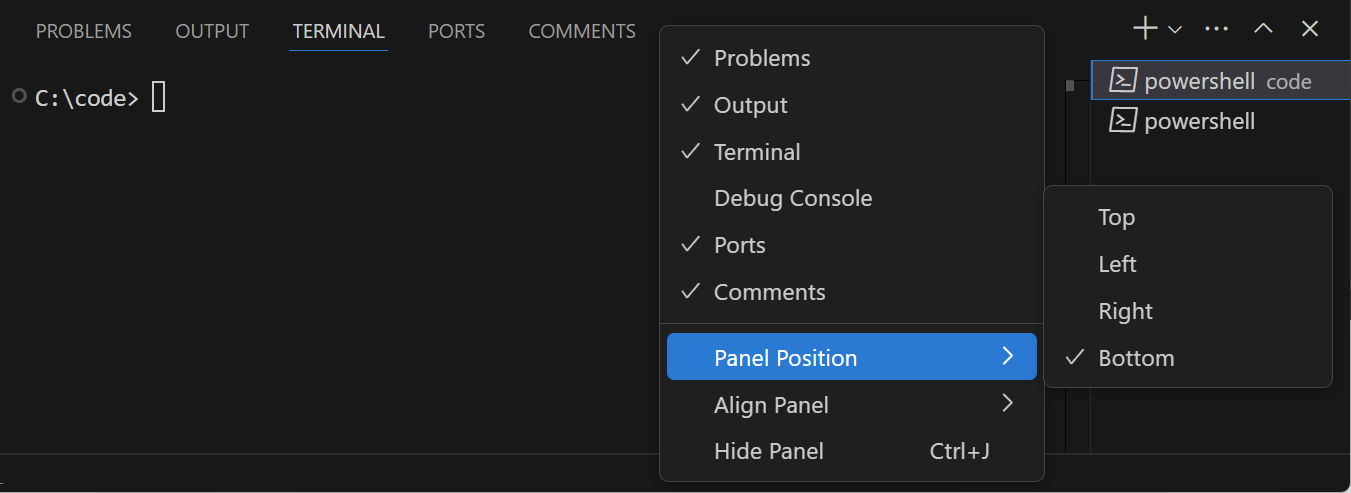 Panel title bar context menu with Panel Position options