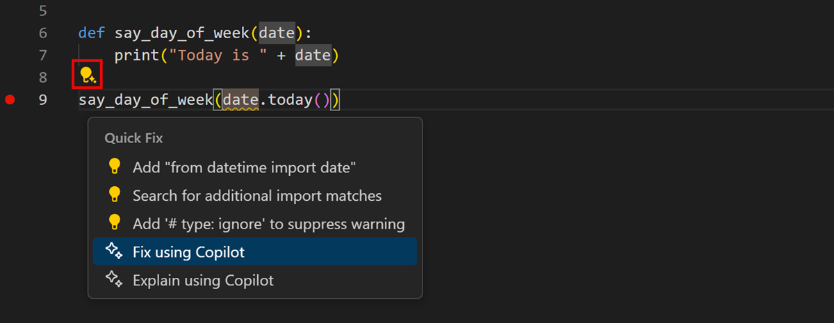 Screenshot that shows the lightbulb Code Action to fix an error with Copilot.