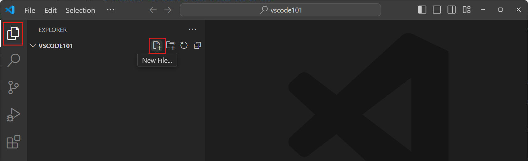 Screenshot that shows the New File button in the Explorer view.