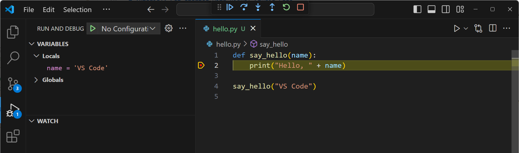 Screenshot that shows the program stopped at a breakpoint in the editor, highlighting the Variables view to inspect variables.