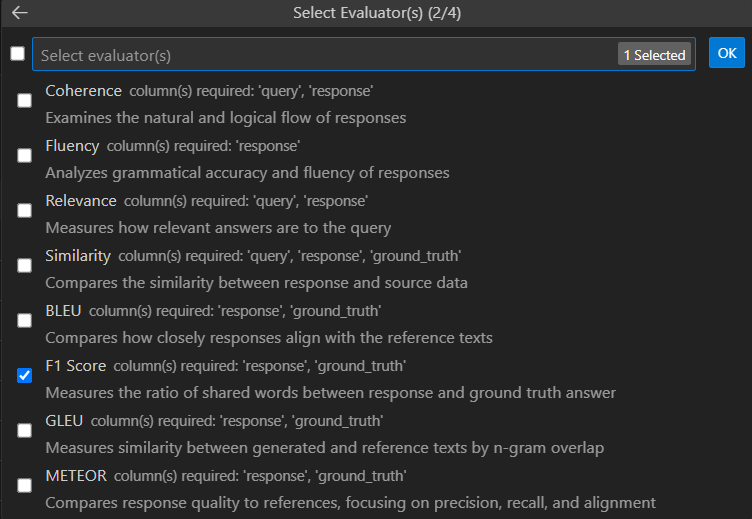 Screenshot of a Quick Pick with the list of built-in evaluators