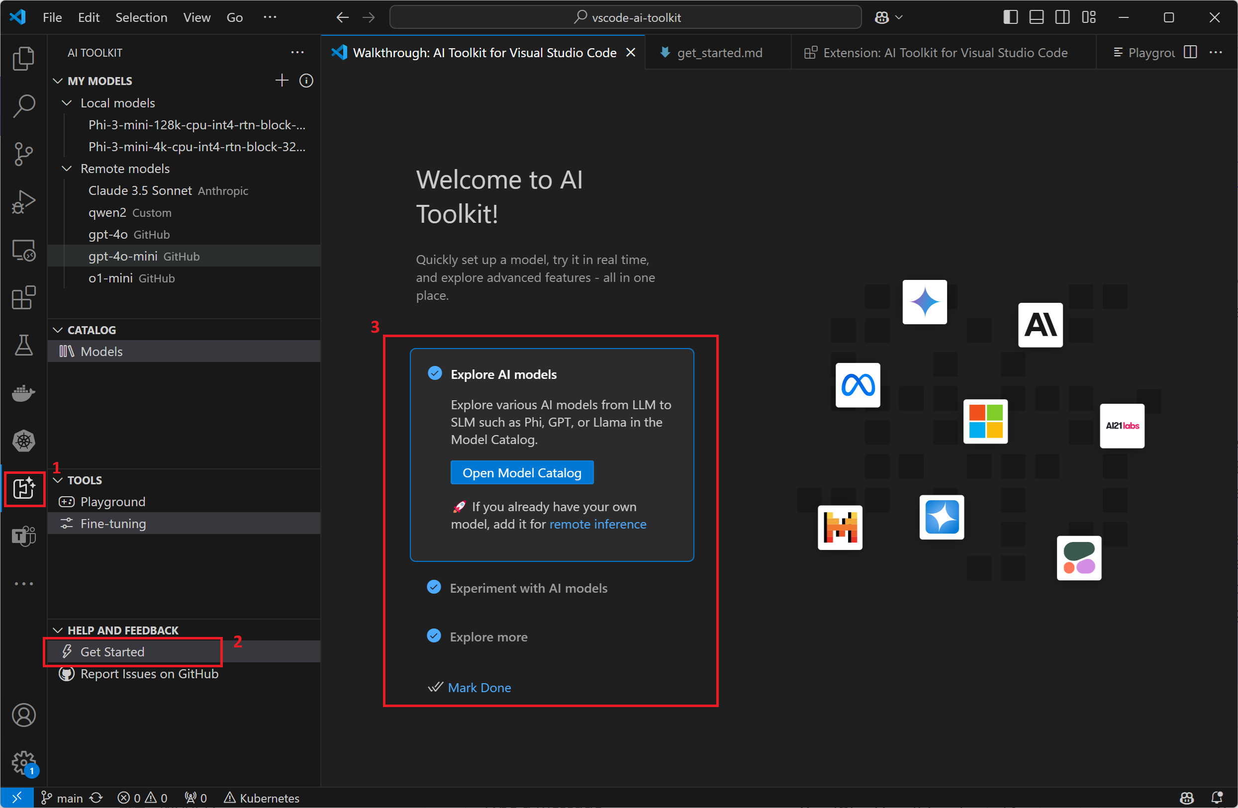 Screenshot showing the AI Toolkit view in the Side Bar, and the getting started walkthrough.