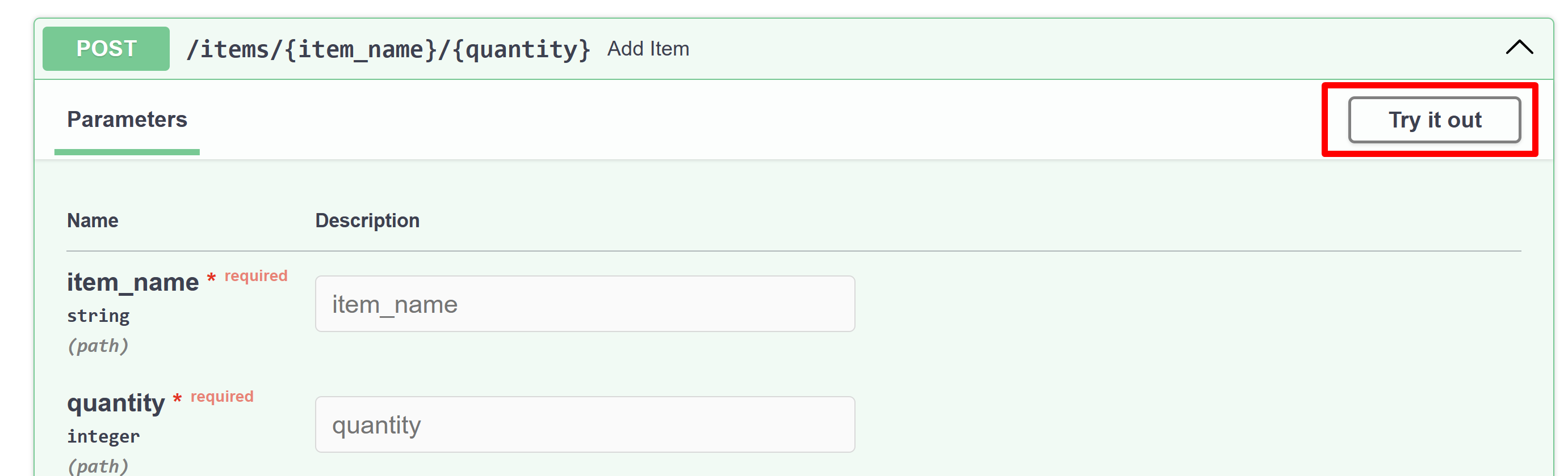 "Try it out" button displayed next to the /items route in the Swagger UI