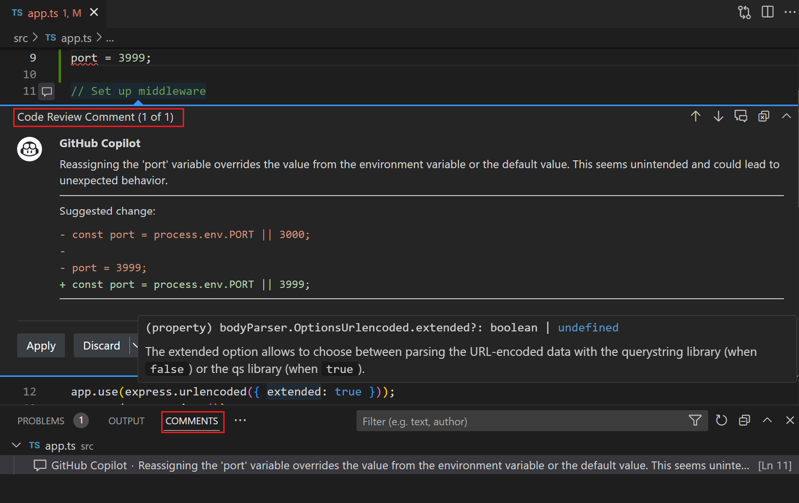 Screenshot that shows the code review comments generated by Copilot.