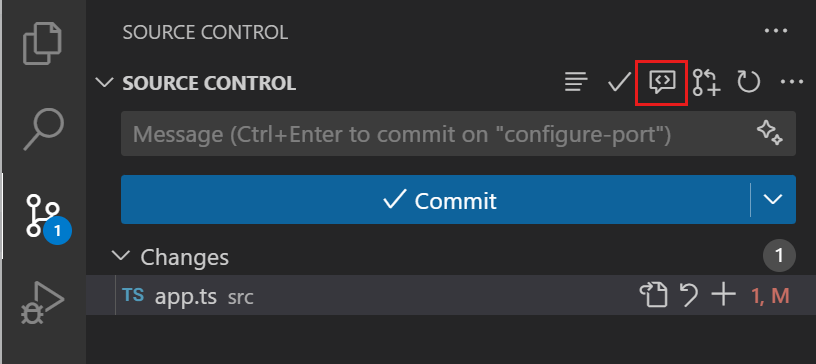 Screenshot that shows the Copilot Code Review button in the Source Control view.