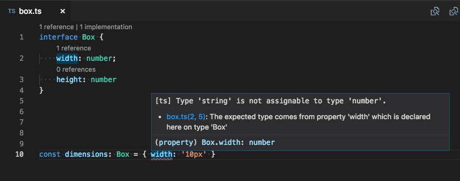 Related locations showing in a diagnostic. Clicking on 'box.ts' will show the definition of 'width' in 'box'