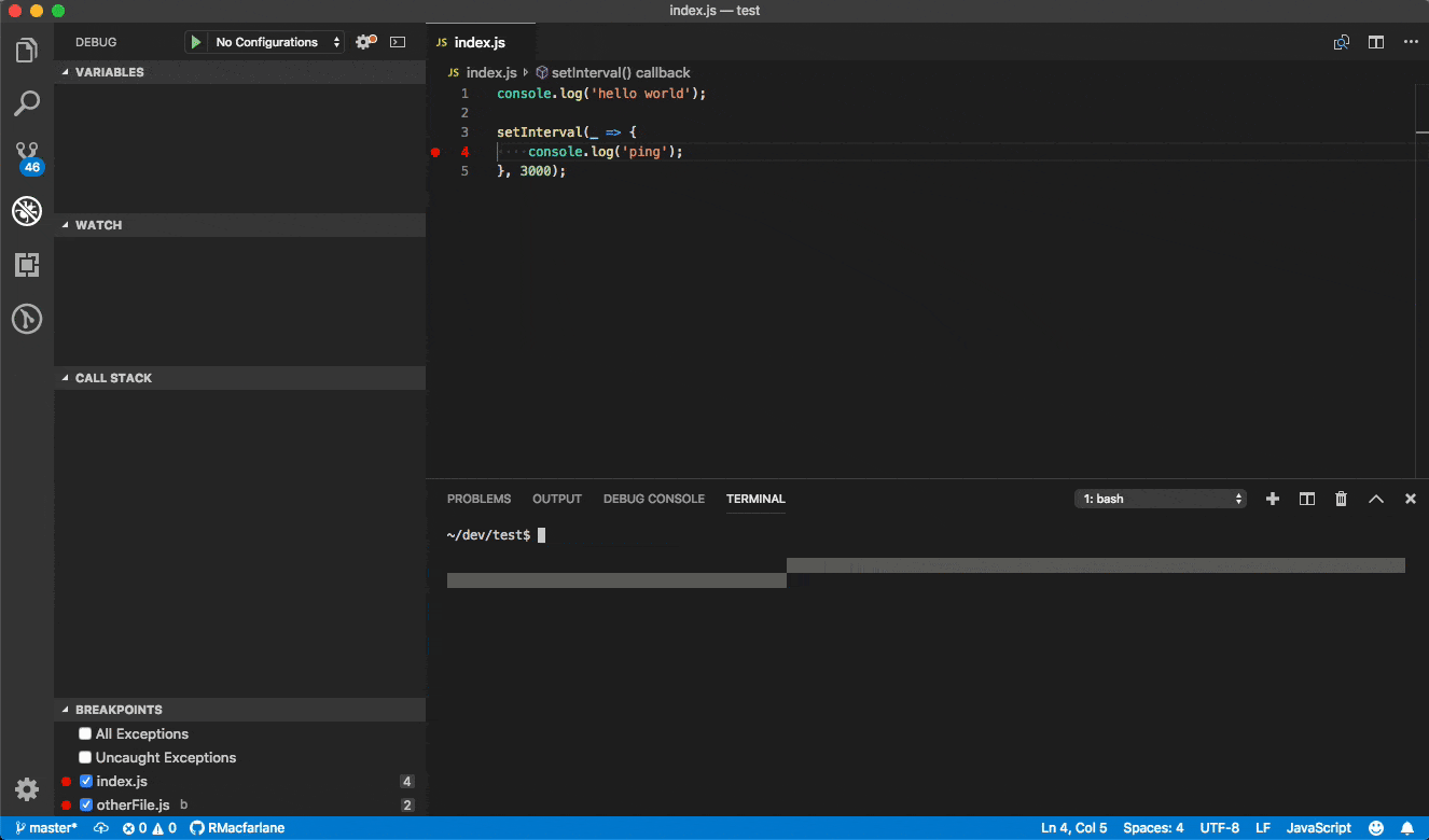 debugging a Node.js process started from the terminal