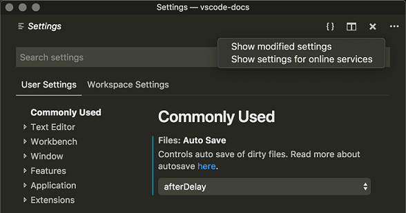 settings editor actions