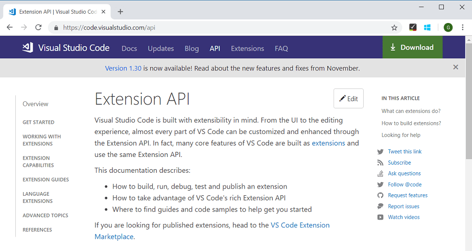 API TOC on VS Code website