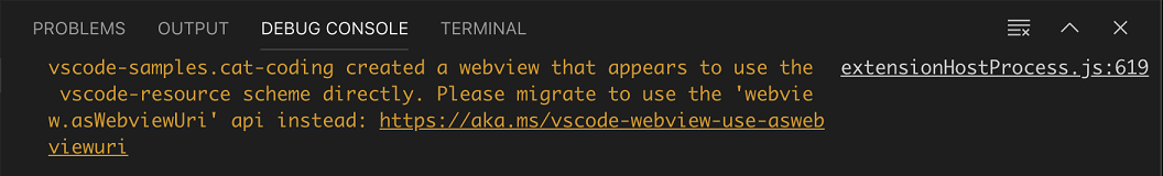 Debug warning for a webview that uses vscode-resources