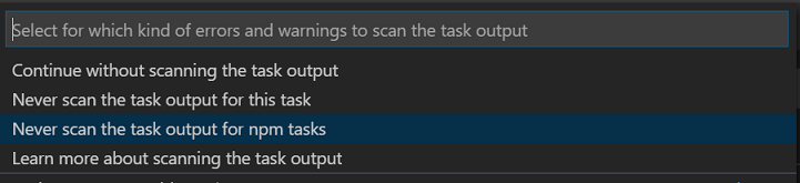 Problem matcher prompt dropdown