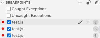 Breakpoints view showing X next to selected breakpoint