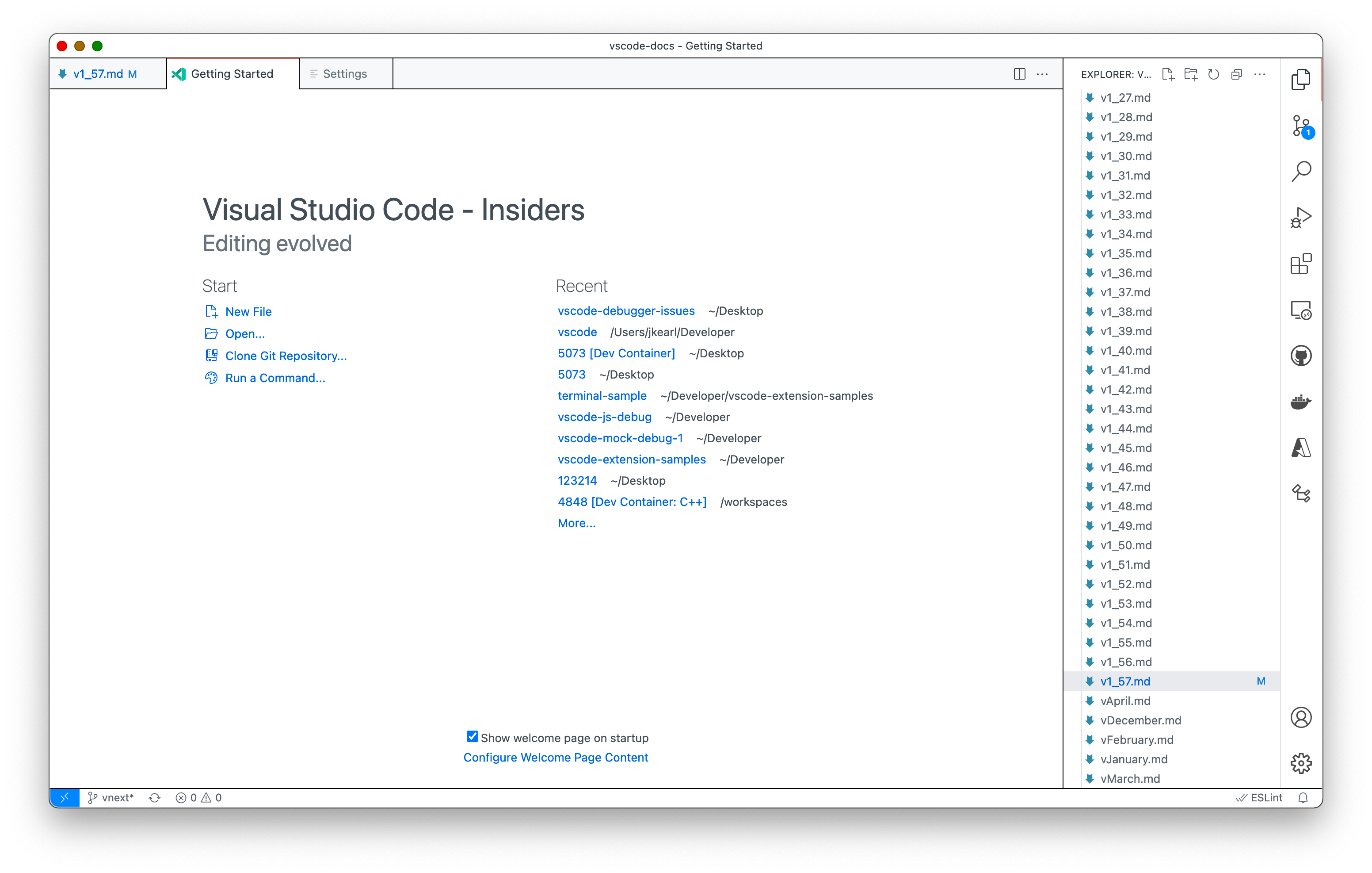 New welcome page with all walkthroughs dismissed, showing extra recent workspaces entries