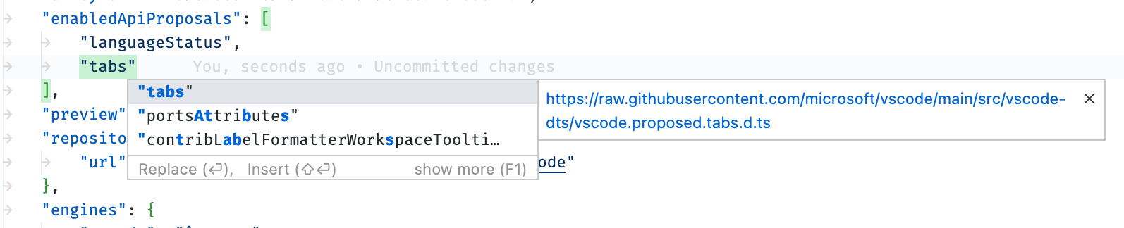 IntelliSense when authoring the enabledApiProposals property