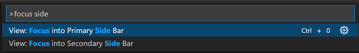 Command Palette drop down displaying both primary and secondary focus side bar commands