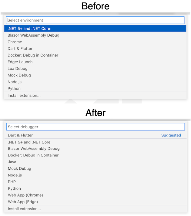 Select debugger prompt before (alphabetical) and after (activated debugger at the top)