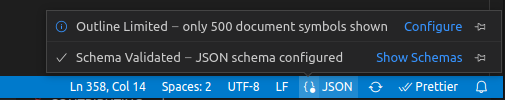 JSON notifications from the Status bar JSON language indicator