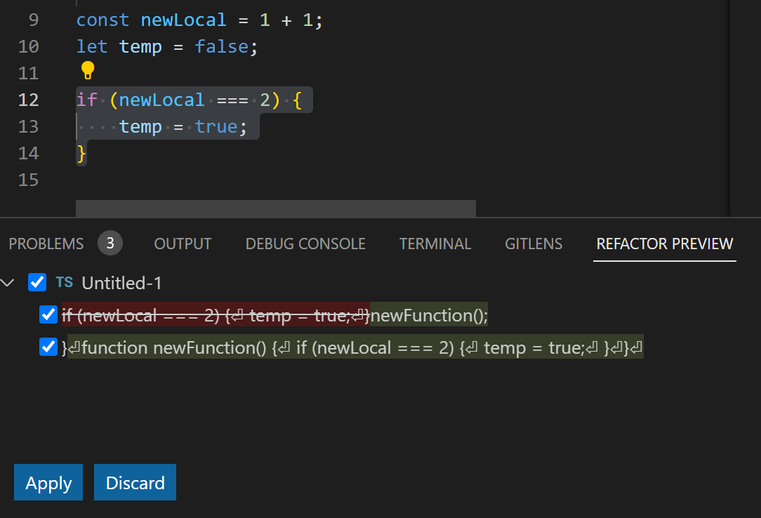 Refactor preview panel showing a refactoring that results in two changes