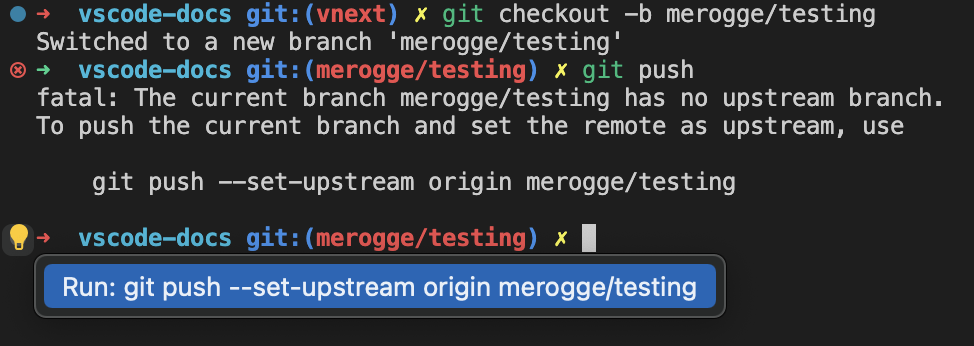 Run: git push set upstream is suggested