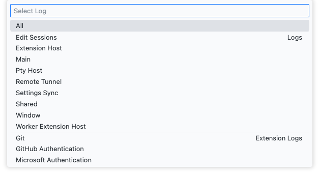 Developer: Set Log Level command dropdown list of output channels