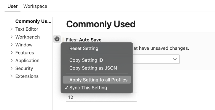 Apply Setting to all Profiles context menu item in the Settings editor