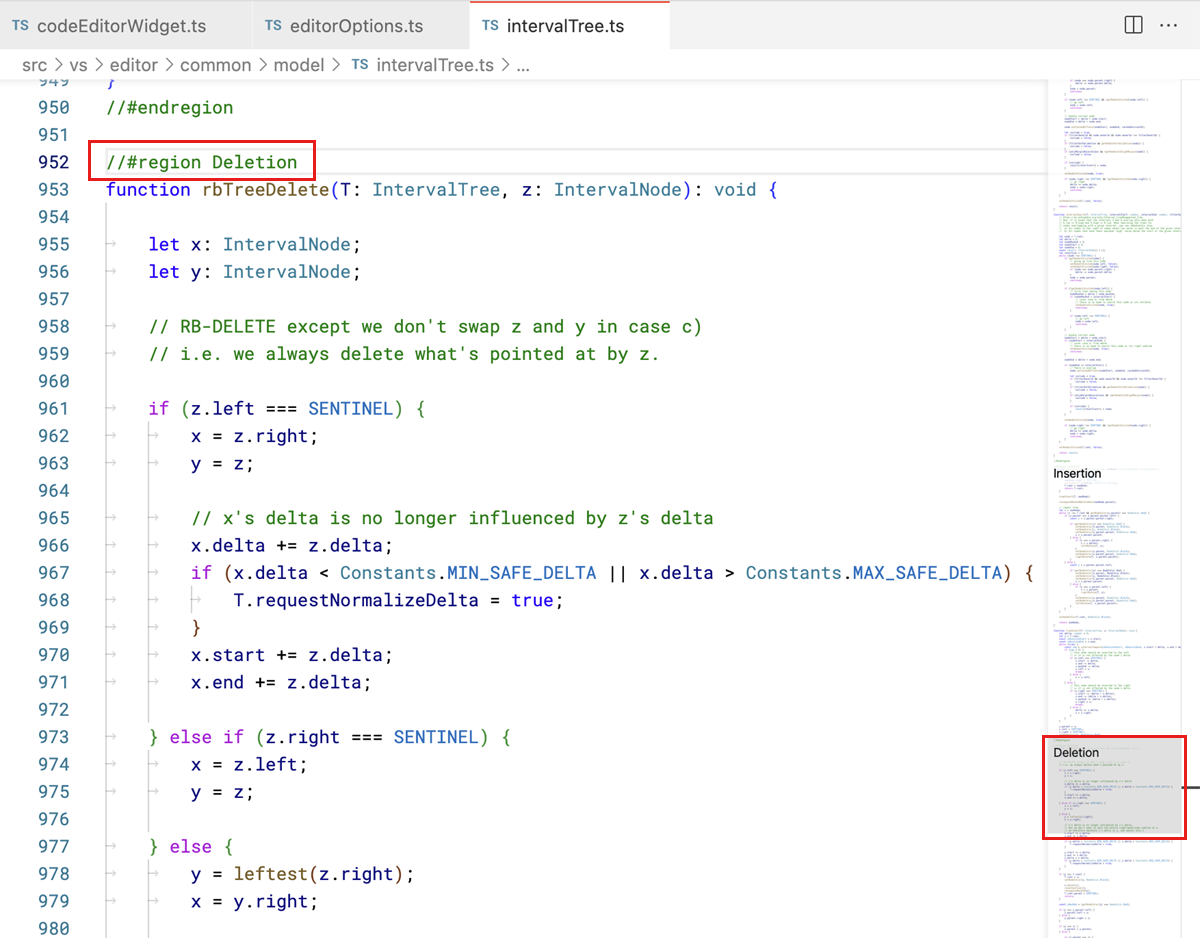 Screenshot that shows folding marker regions defined in the editor in the minimap