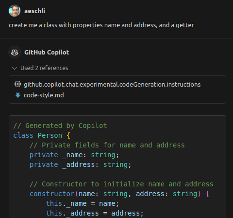 Copilot Chat using code generation instructions.