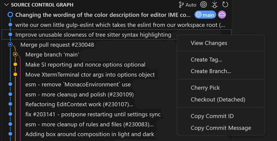 Context menu for items in the Source Control Graph view.