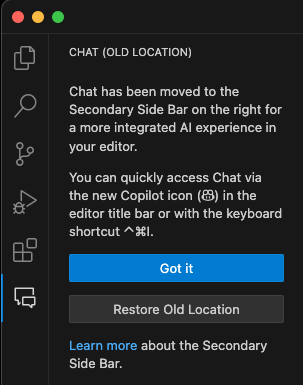 Chat view in its old location showing that Chat has moved to the Secondary Side Bar.