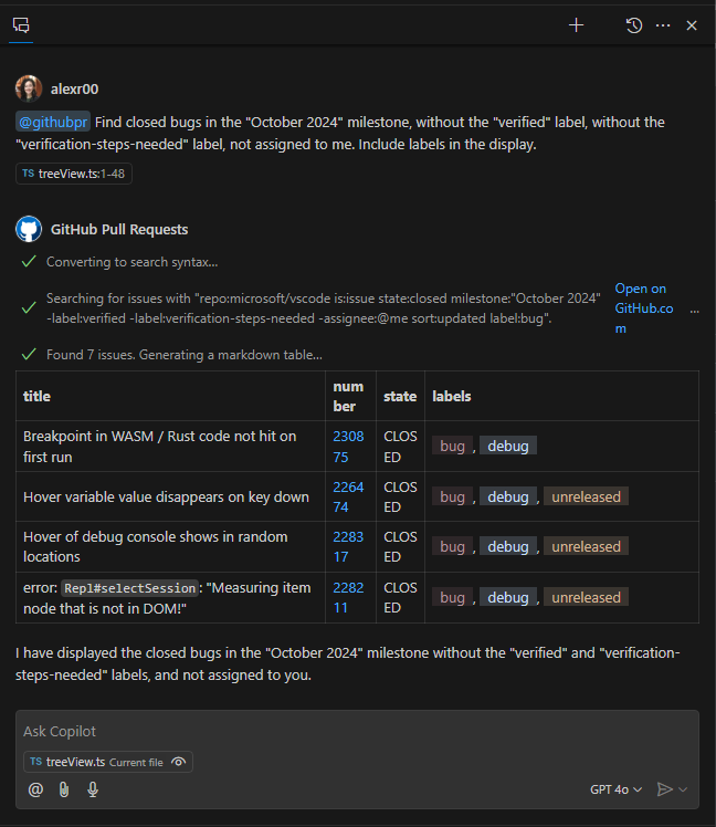 Copilot issue search for closed October issues.