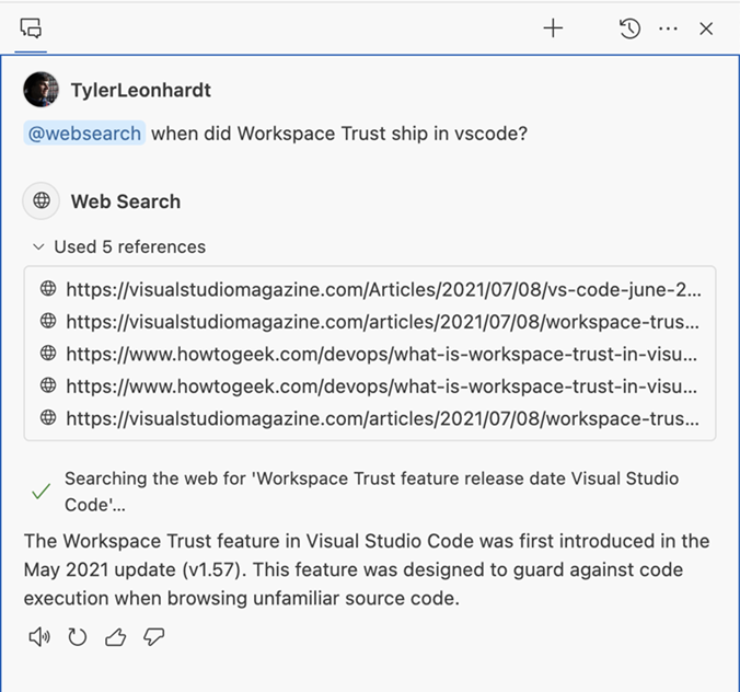 The question "when did Workspace Trust ship in vscode" and the answer showing the references and details.