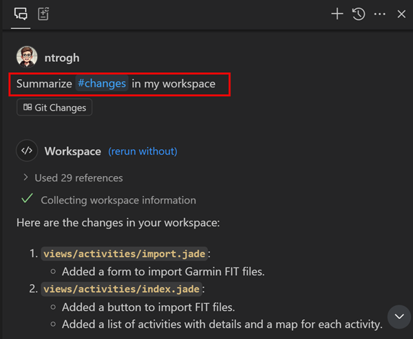 Screenshot of a Copilot chat response, which lists the modified files and changes when prompting for '#changes'.