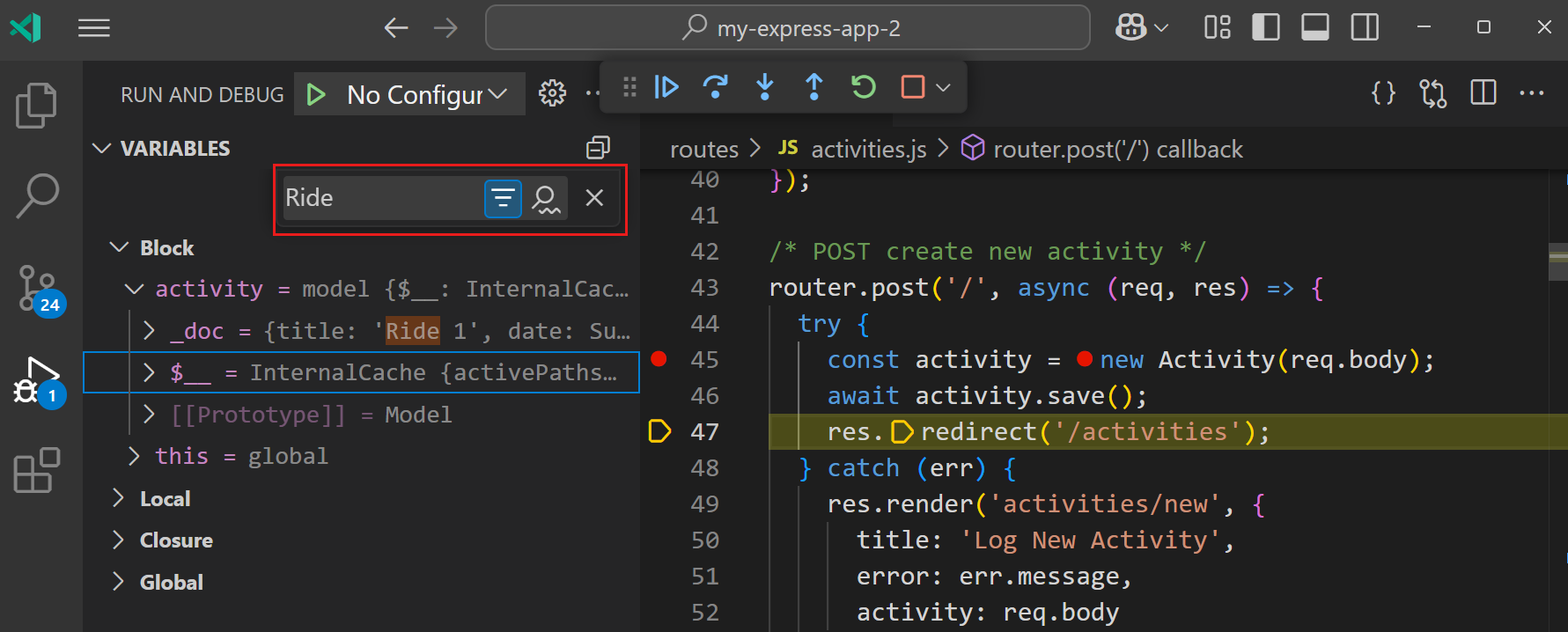 Screenshot that shows the search control in the Variables view when debugging.