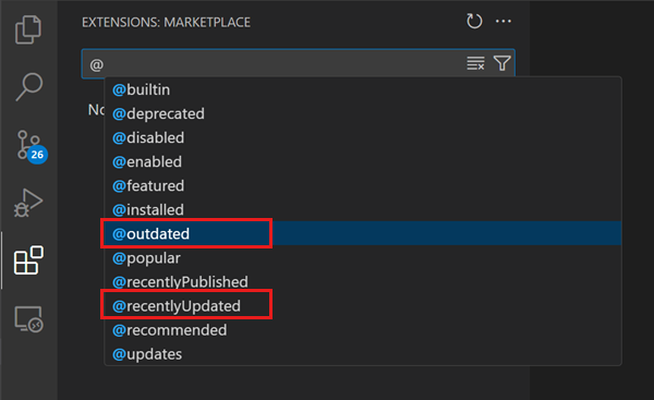 Screenshot of the filtering options in the Extension view, highlighting the 'outdated' and 'recentlyUpdated' options.