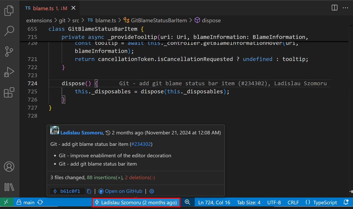 Screenshot that shows Git blame information when hovering over the git blame item in the Status Bar.