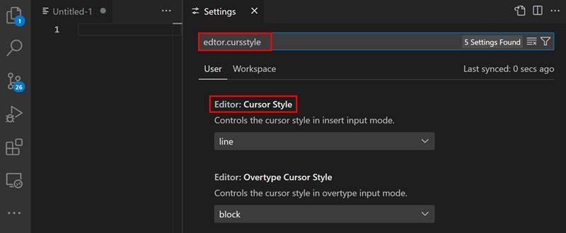 Screenshot of a narrow-width Settings editor, with a search for 'edtor cursstyle' that shows the 'editor.cursorStyle' setting and does not reveal the settings table of contents.